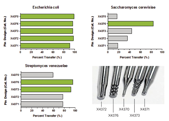 Colony transfer efficiencies can vary widely according to the pairings between microorganisms and colony-picking pins